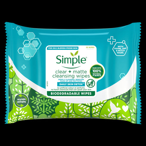 Simple Daily Skin Detox Clear + Matte Cleansing Wipes 20pcs