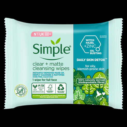 Simple Daily Skin Detox Clear + Matte Cleansing Wipes 20pcs