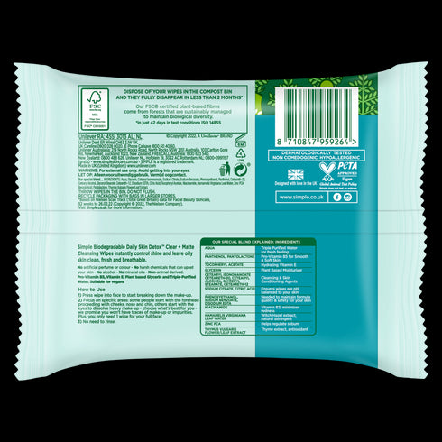 Simple Daily Skin Detox Clear + Matte Cleansing Wipes 20pcs