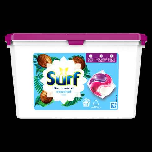 Surf 3 in 1 Coconut Bliss Laundry Washing Capsules 18 Washes