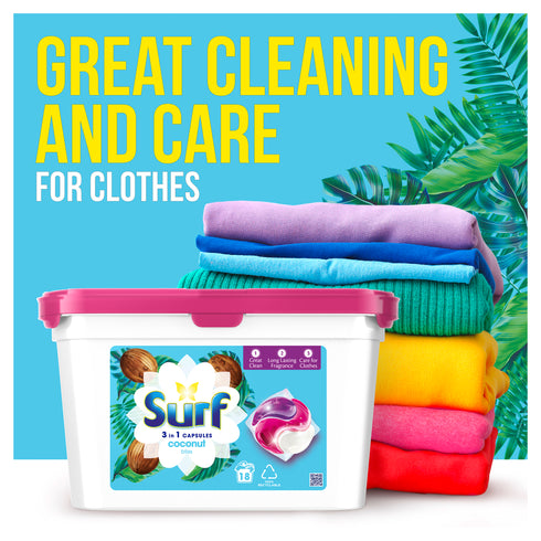 Surf 3 in 1 Coconut Bliss Laundry Washing Capsules 18 Washes