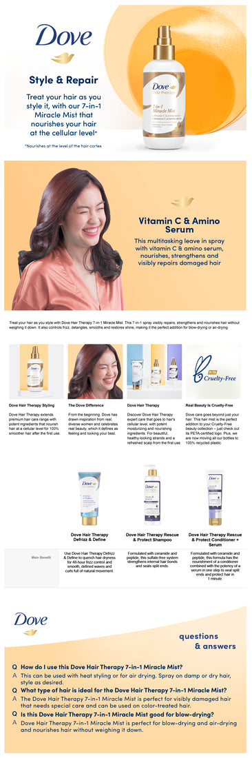 Dove Hair Therapy 7-in-1 Hairspray Miracle Mist + Vitamin C Leave-in Spray for Damaged Hair, 7.5 oz