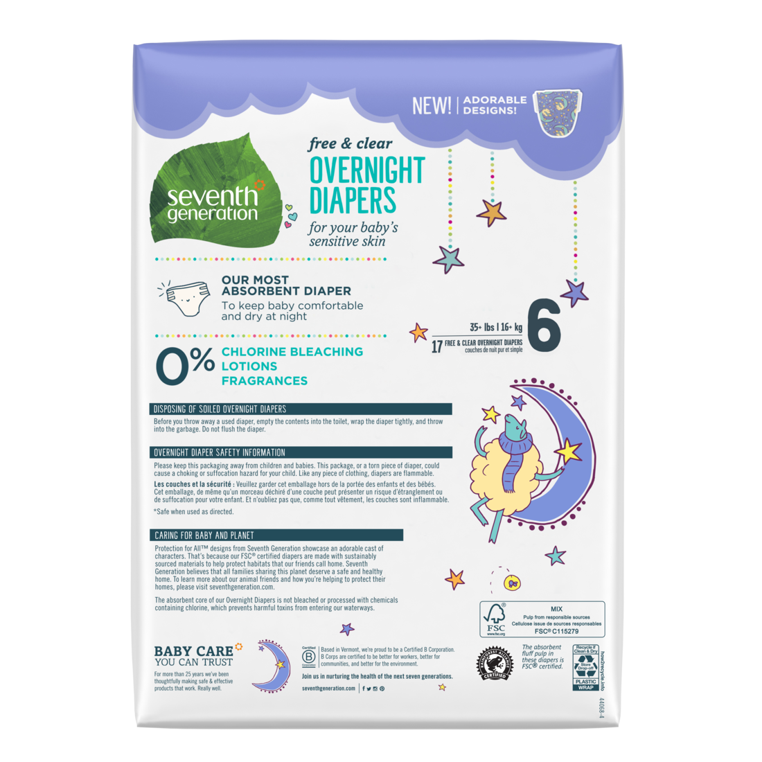 Seventh Generation Overnight Diapers Stage 6 (35+ lbs.) 17 count