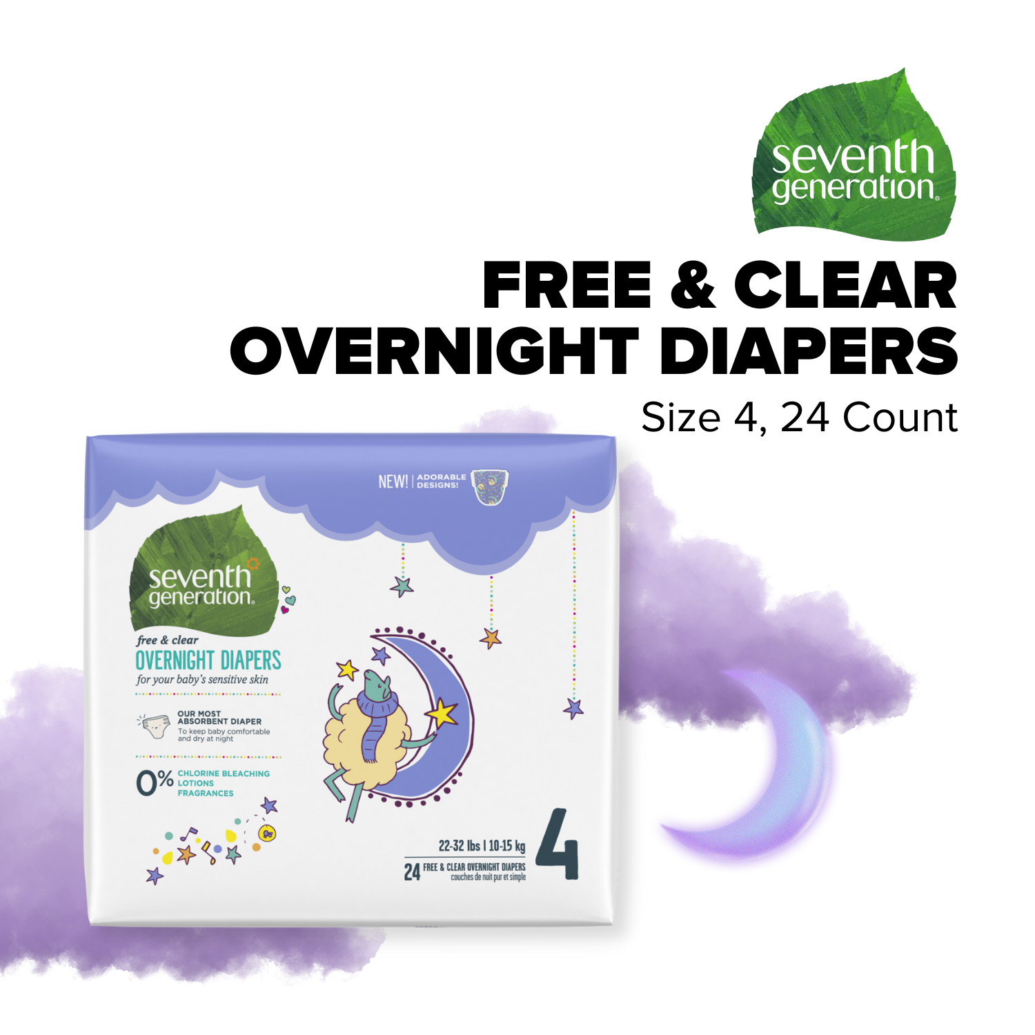 Seventh Generation Free & Clear Overnight Diapers - Size 4, 24